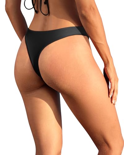 Yonique Women Thong Bikini Bottom - Medium - Black