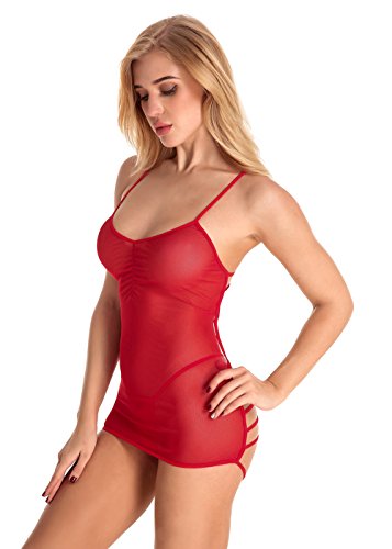 joer Women Sexy Bodysuit Sheer Lace Trim Lingerie Strappy Back Mesh Babydoll Teddy Deep V Halter Underwear Free Size - Red