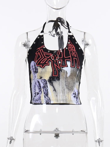 Goth Cross Print Lace Bodycon Crop Top - black / S