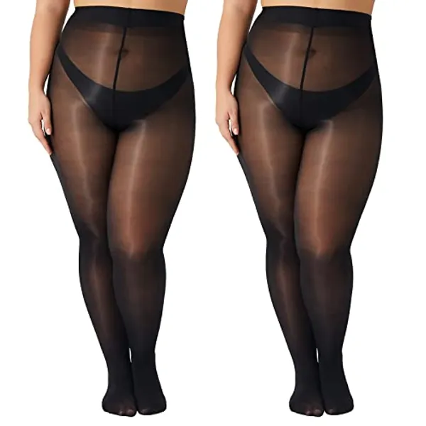 Yilanmy Oily Shiny Tights for Women Plus Size Shimmery Silky Glossy Pantyhose High Waist 15 Denier Sheer Tights 2 Pairs