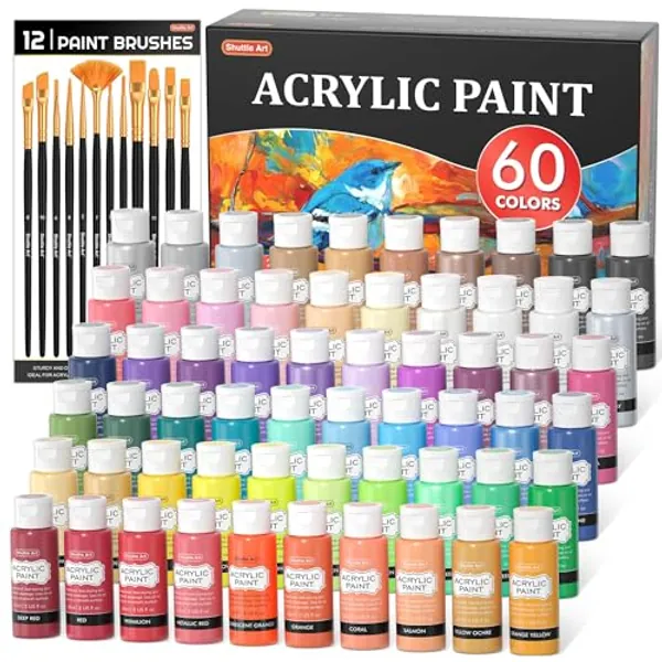 72 Pack Acrylic Paint Set, Shuttle Art 60 Colors Acrylic Paint Including Extra White Black & 12 Brushes, 2oz/60ml, Rich Pigmented, Water Proof, Ideal for Artists, Beginners on Canvas Rock Wood Ceramic