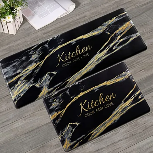 Carvapet 2 Pieces Comfort Anti-Fatigue Kitchen Rugs Standing Desk Mat Waterproof Decorative Ergonomic Floor Pad Kitchen Rug Black&Golden Marble Design 17"x47"+17"x28"