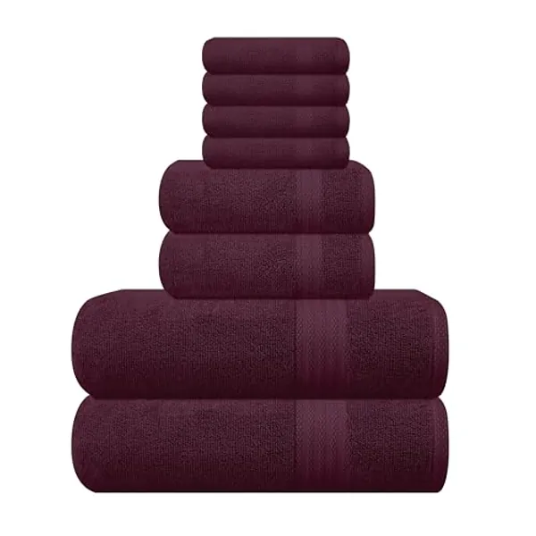 GLAMBURG Ultra Soft 8-Piece Towel Set - 100% Pure Ringspun Cotton, Contains 2 Oversized Bath Towels 27x54, 2 Hand Towels 16x28, 4 Wash Cloths 13x13 - Ideal for Everyday use, Hotel & Spa - Burgundy