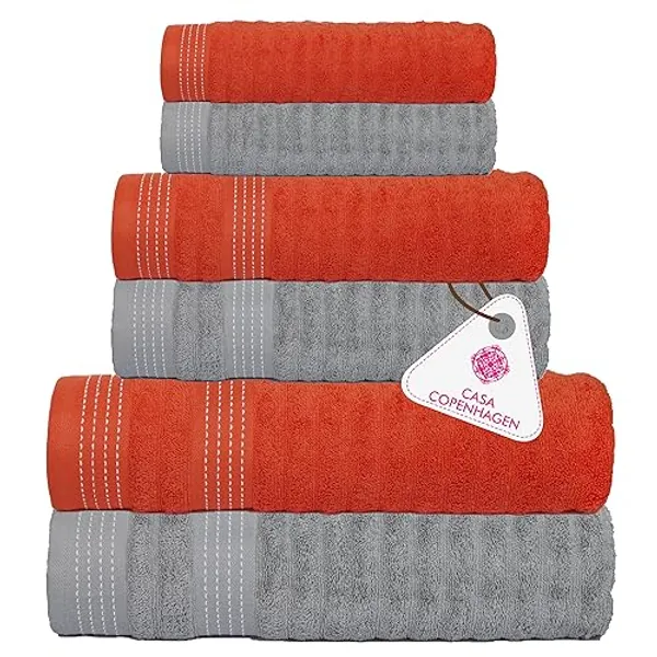 CASA COPENHAGEN Elegance 6 Pieces Ribbed Towel Set- Orange + Grey Violet, 550 GSM 2 Bath Towel 2 Hand Towel 2 Washcloth, Designed in Denmark Made of Soft Egyptian Cotton for Bathroom, Kitchen & Shower