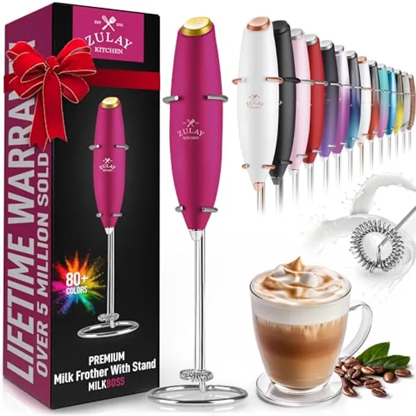 Zulay Powerful Milk Frother Handheld Foam Maker for Lattes - Whisk Drink Mixer for Coffee, Mini Foamer for Cappuccino, Frappe, Matcha, Hot Chocolate by Milk Boss (Pink with Gold Button)