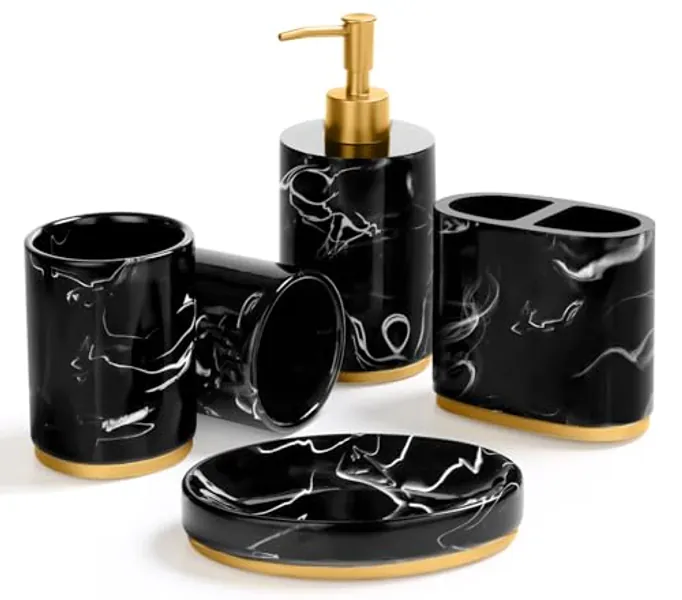 Haturi Bathroom Accessories Set, 5 Pcs Marble Look Bathroom Sets for Counter Top Restroom Apartment Decor Stuff, Imitated Resin Kits, Gift for Women and Men-Ink Black Gold