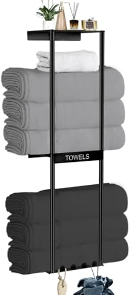 JIAPAIDUO Bathroom Towel Storage Rack, Wall Towel Rack for Rolled Towels, 3 Tier Towel Holder Shelf with 4 Hooks for Small Bathroom, Matte Black