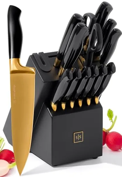 Black and Gold Knife Set with Sharpener- 14 PC Gold Knife Set with Block and Sharpener Includes Full Tang Black and Gold Knives & Self Sharpening Knife Block Set - Black and Gold Kitchen Accessories