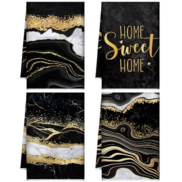 Geyoga 4 Pcs Marble Kitchen Towels Black Blue White Gold Wave Dish Towel Farmhouse Marble Hand Towels 16 x 24 Inch Modern Tea Towel for Summer Christmas Bathroom (Black,Marble)