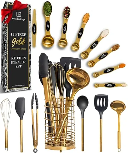 Styled Settings Black and Gold Kitchen Utensils Set - 15 Piece Set Includes Gold and Black Silicone Cooking Utensils with Gold Utensil Holder and Gold Magnetic Measuring Spoons - Gold Kitchen Set