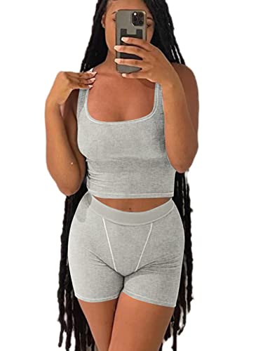 AYWA Casual Workout Sets Two Piece Outfits for Women Ribbed Crop Tank Top High Waist Leggings Active Wear - Light Heather Grey-shorts - Large