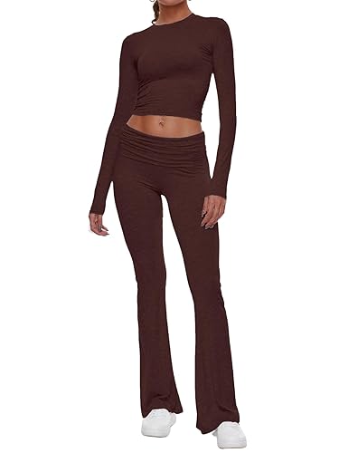 AnotherChill Women's 2 Piece Lounge Sets Fold-over Flare Pants Set Long Sleeve Cropped Top Casual Outfits Pajamas - X-Small Petite - Chocolate
