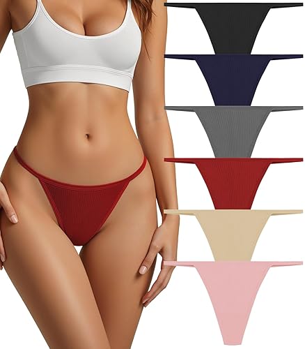 Cotton Thongs for Women G-String Breathable Underwear Low Rise T-back Panties Comfortable Stretch 6 Pack - A-6 Pack 6 Colors - Small