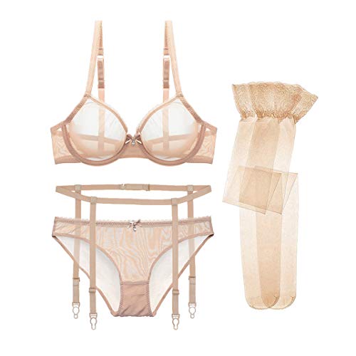 varsmiss Women See Through Mesh Bra and Thong Set Transparent Sexy Underwear - Beige - 34C