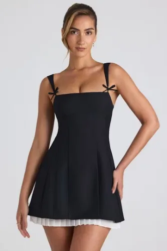 Bow-Detail Pleated A-Line Mini Dress in Black | 12