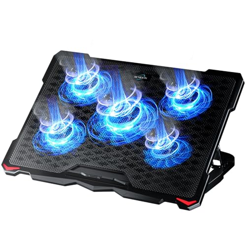 AICHESON Laptop Cooling Pad 5 Fans Up to 17.3 Inch Heavy Notebook Cooler, Blue LED Lights, 2 USB Ports, S035, Blue-5fans - Blue