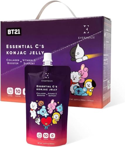 EVERYDAZE BT21 Essential C’s Collagen + Vitamin C Konjac Jelly | Vegan, 10 Calories, 0 Sugar | Lychee | 10 Packs | Healthy Diet Pouch Drinkable Snack Drink, Weight Management - Lychee