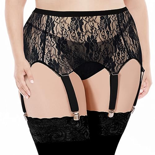 Garter Belt Plus Size High Waist Garter Belts with 6 Vintage Metal Clips for Stockings Women Lingerie - Black Lace - 4XL/5XL