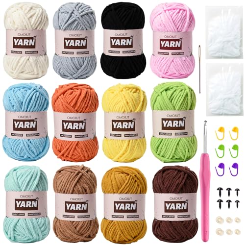 12 Pack Chenille Velvet Yarn - Baby Yarn for Crocheting soft - Amigurumi Yarn Set with 600g(787yd) Crochet Yarn Crochet Hook、Stitch Markers、Fluffy stuffing、Accessories A - A