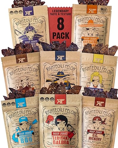 Righteous Felon Beef Jerky Variety Pack | Gluten Free Beef Jerky Snack Packs for Adults | High Protein, Keto-Friendly, Low Sugar | Made with Premium Meats | Beef Jerky Gifts for Men | Sampler 8 Pack - 8 Pack Sampler