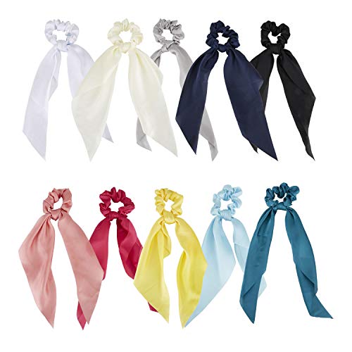 10 Pack Colorful Solid Satin Long Ribbon Knotted Hair Bows Scrunchies Hair Ties Ponytail Headbands Elastics Rubber Hairbands Bubbles Rings Holder Accessories for Women