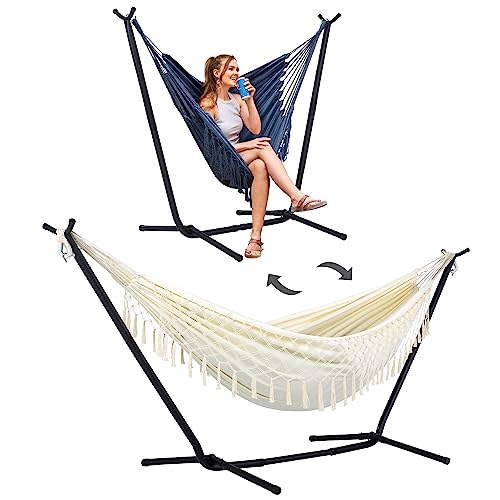 SUNCREAT 2-in-1 Convertible Portable Double Hammock with Stand Included, Outdoor Hammock and Stand, Patent Pending, Natural Tassel - A-natural Tassel