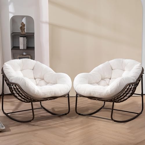 HOMEFUN Oversized Papasan Rocking Chair Set of 2 Indoor, Outdoor Patio Rocking Chairs with Teddy Padded Cushion - Rocker Egg Chair for Front Porch, Garden, Patio, Backyard White - Teddy White - 2 PCS