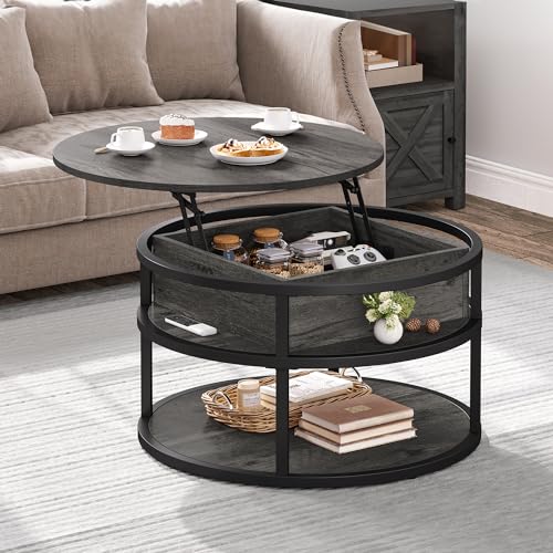 DWVO Round Coffee Tables for Living Room,Lift Top Coffee Table with Storage, Farmhouse Wood Coffee Table,Circle Coffee Tables Living Room for Home Office,Grey - Grey