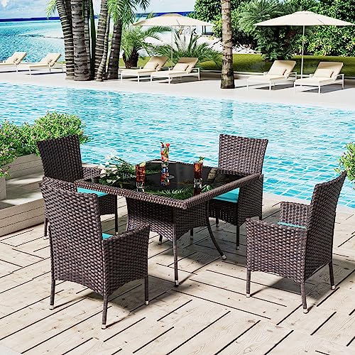 ASJMR 5 Pieces Dining Sets for 4 with Rattan Wicker Dining Set Chairs and Square Table Glass Top with Umbrella Cutout, Outdoor and Indoor Set for Patio, Backyard, Garden, Poolside, Kitchen- Blue - 5 Pieces - Blue