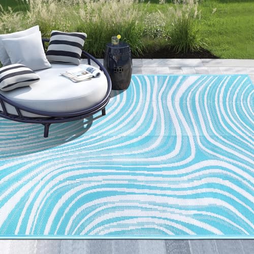 Findosom Waterproof Outdoor Rug, Wave Pattern Outdoor Mat for Camping, RV Mat Outside, Indoor Outdoor Carpet for Camper, Outside Carpet for Rv, Deck, Porch, Picnic, Beach, Balcony - 8' x 10' - Blue