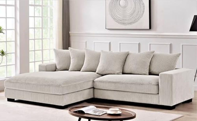 Container Furniture Direct Luxe Oversized Two-Piece Left Facing Sectional Couches for Living Room, 102.4-Inch L Shaped Sofa with Chaise, Upholstered with Corduroy Fabric, Ivory - Ivory - Left Facing