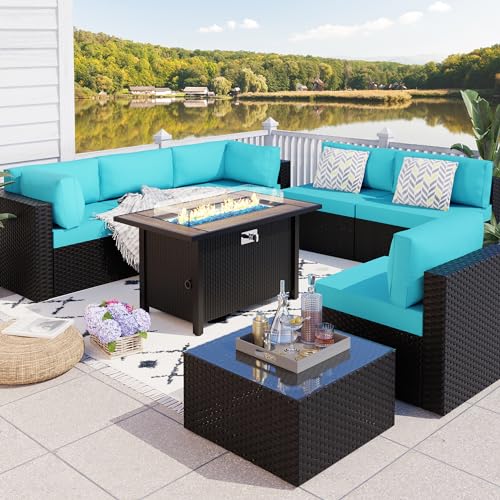 SUNLEI 8 PCS Patio Furniture Set with 45" 50000BTU Gas Propane Fire Pit Table, All Weather PE Wicker Rattan Patio Conversation Sofa with Coffee Table (Sky Blue, 8 Pcs-Black Rattan/Walnut Table) - 8 Pcs-Black Rattan/Walnut Table - Sky Blue