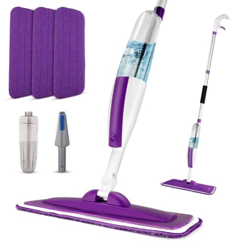 Mops for Floor Cleaning Wet Spray Mop with 14 oz Refillable Bottle and 3 Washable Microfiber Pads Home or Commercial Use Dry Wet Flat Mop for Hardwood Laminate Wood Ceramic - 02-Purple