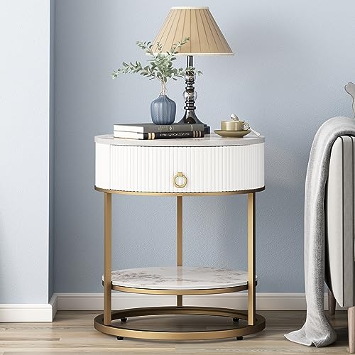 OIOG Round Side Table with Drawer, 2 Tier Night Stand with Shelf, Modern Side Table with Gold Legs for Living Room, Bedroom, Dorm, Marbling Natural Stone/Gold - Gold