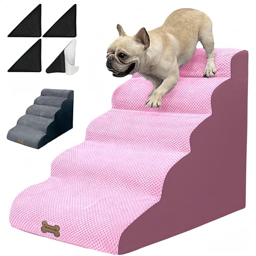 Dog Stairs for Small Dogs to high beds, 5 Steps 24 inch Dog pet ramp Stairs for 18-30 inch Couch-Bed, 2 Pcs Pink & Grey Washable Cover with Dog ramp for Old Large Dogs & Cats. Non-Slip Balanced 33D - Pink - 5-Step (33.1 x 15.8 x 24 H IN 33D)