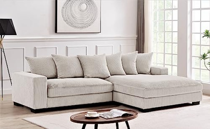 Container Furniture Direct Luxe Oversized Two-Piece Right Facing Sectional Couches for Living Room, 102.4-Inch L Shaped Sofa with Chaise, Upholstered with Corduroy Fabric, Ivory - Ivory - Right Facing