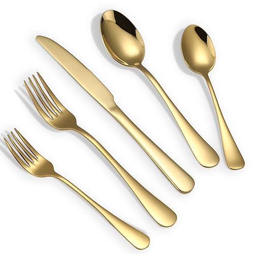 Briout Gold Silverware Set, 20 Piece Golden Cutlery Set Service for 4, Stainless Steel Flatware Set Include Spoons Forks Knives Tableware Utensil Set for Kitchen Home Restaurant, Shiny Gold Polished - Gold