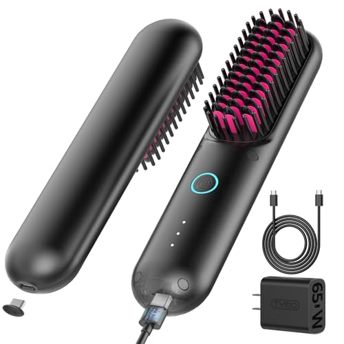 TYMO Cordless Hair Straightener Brush - Porta PRO Portable Straightening Brush for Travel, Mini Ionic Hot Comb Straightener for Women, Lightweight on-The-go, Cordless and Fast Charger Dual Power - Black
