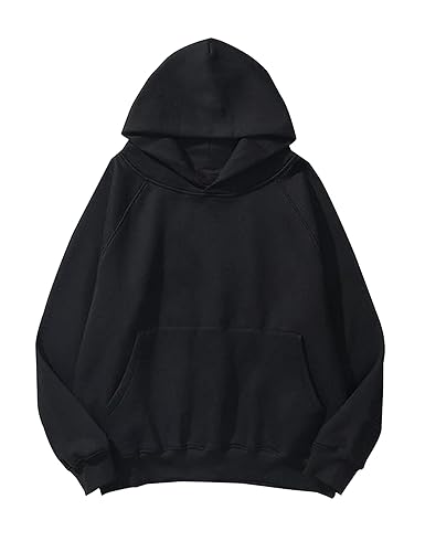 Lauweion Women Solid Basic Fleece Letter Loose Hoodie Sweatshirt Long Sleeve Kangaroo Pocket Drop Shoulder Pullovers Top - Large - Black