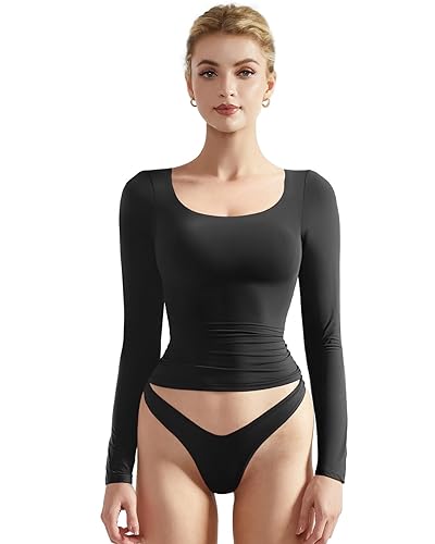 SUUKSESS Women Double Lined Fitted Basic T Shirts Scoop Neck Long Sleeve Crop Top - Small - Black