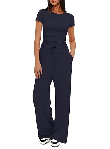 Darong Women's 2 Piece Outfits Lounge Sets Ruched Short Sleeve Tops and High Waisted Wide Leg Pants Tracksuit Sets - Dark Blue（31" Inseam） - Small