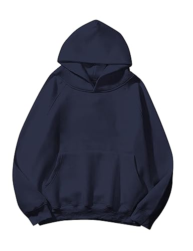 Lauweion Women Solid Basic Fleece Letter Loose Hoodie Sweatshirt Long Sleeve Kangaroo Pocket Drop Shoulder Pullovers Top - Large - Navy
