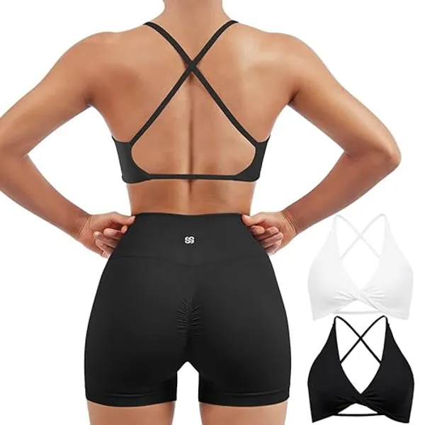 SUUKSESS Women 2 Piece Open Back Strappy Sports Bra Pack Twist V Neck Workout Crops - Large - #2 White & Black