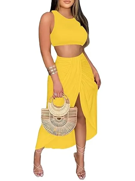 LYANER Women's 2 Piece Outfits Sleeveless Tank Crop Top and Wrap Split Slit Ruched Bodycon Midi Skirt - Large - Soild Yellow