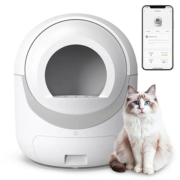 Self Cleaning Cat Litter Box, Automatic Cat Litter Box with APP Control Odor Removal Safety Protection for Multiple Cats, with Garbage Bags - A-White
