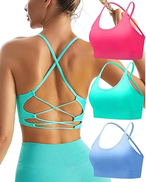 RUNNING GIRL Sports Bras for Women,Sexy Crisscross Back Seamless Padded Sports Bra Medium Support with Removable Pads - Large - A-blue+pink+green