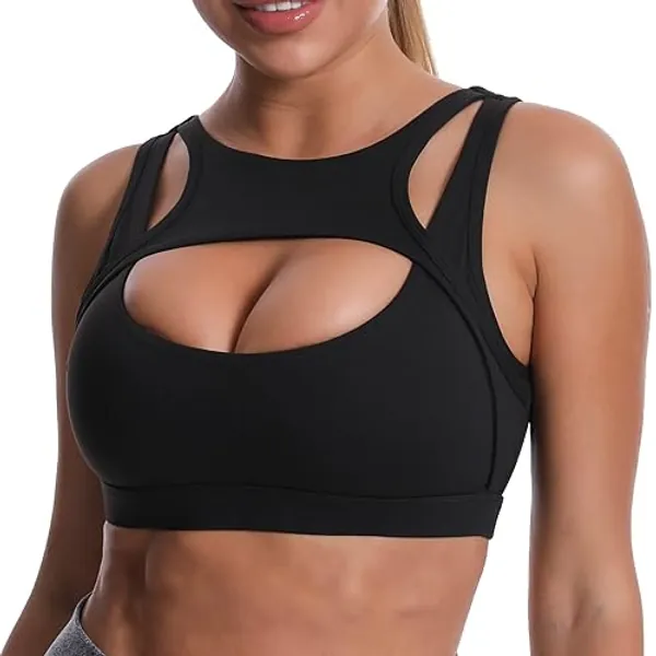 JOJOANS Push Up Sports Bras for Women Padded Sexy Yoga Bra Hollow Cut Out Crop Top Workout Tops Medium Support - XX-Large - Black
