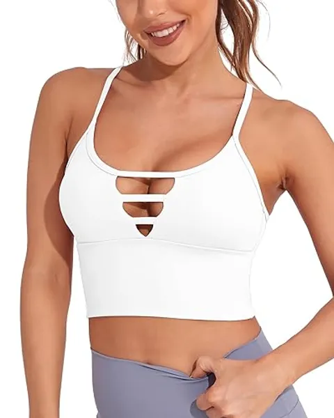 AngiMelo Sports Bras for Women High Support Longline Strappy Workout Tank Tops Built in Bra Padded Crop Yoga Top - X-Large - White Sports Bra