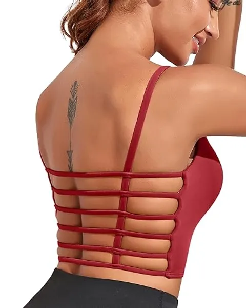 Pfreesea Womens Sports Bra Tank Top with Built in Bras - Sexy Long Line Strappy Yoga Top Open Back Push up Workout Crop Tops - Wine Red Sports Bras - Large