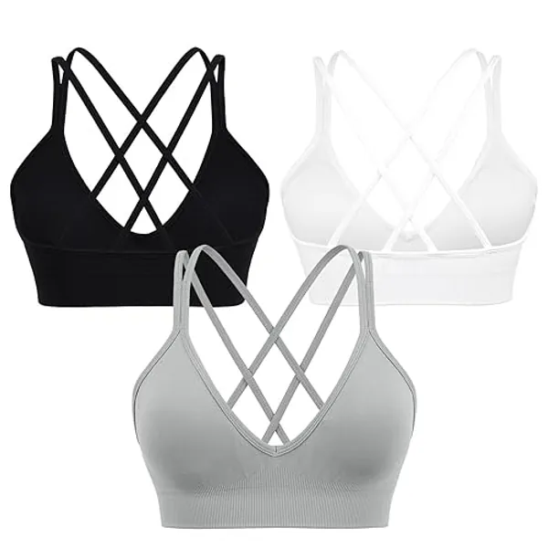 VEQKING Strappy Women Sports Bra V-Neck Criss Cross Back Padded Yoga Bra Seamless Workout Bras Spaghetti Strap Bralettes - X-Large - 3pack(black+white+gray)